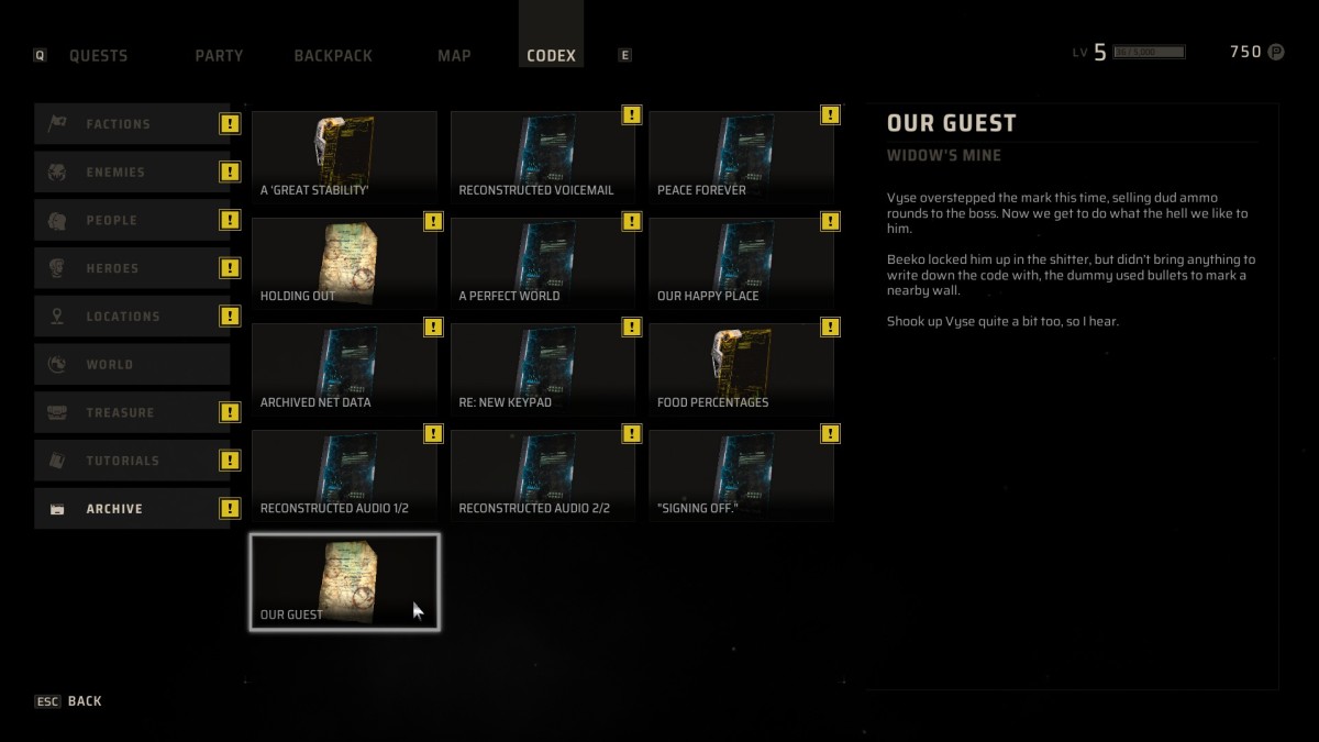 Miasma Chronicles Widow's Mine keypad code hint.